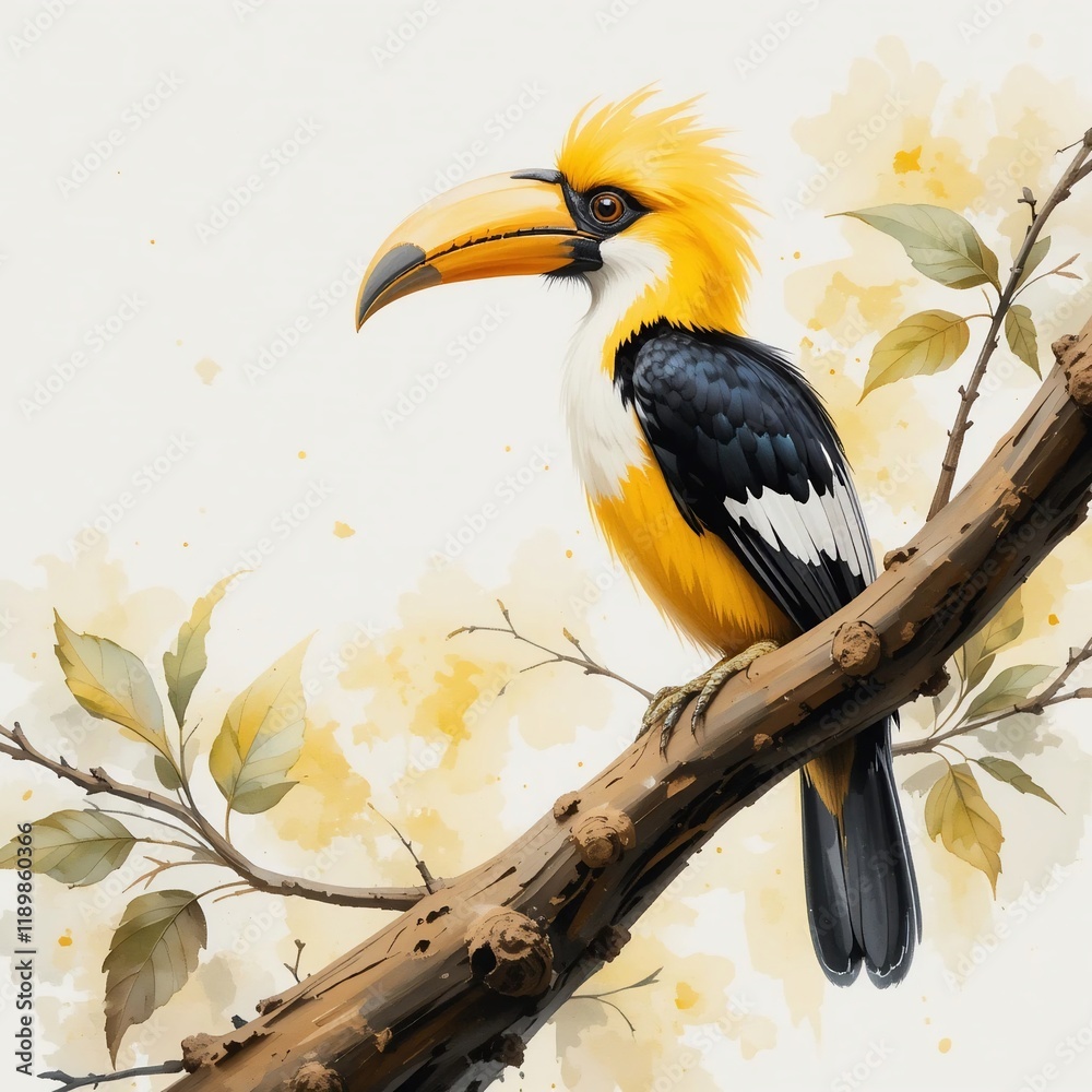 Fototapeta premium Majestic Golden Crowned Hornbill Perched on Branch Watercolor Style Illustration