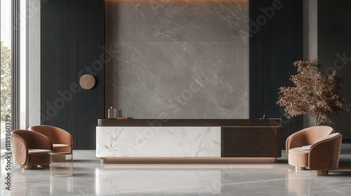 Opulent hotel lobby featuring a luxurious reception desk and a spacious waiting area. 