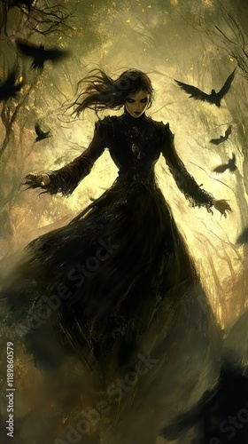 Enigmatic Woman in Dark Forest: A Gothic Fantasy Painting photo