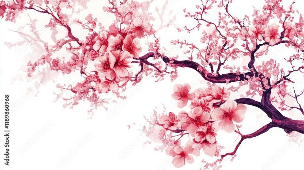 Pink cherry blossom branch, spring bloom, white background, floral design, wall art Pink cherry blossom branch, spring bloom, white background, floral design, wall art