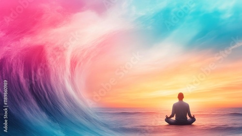 Meditation amidst nature's power ocean sunset digital tranquil environment serene viewpoint mindfulness concept photo