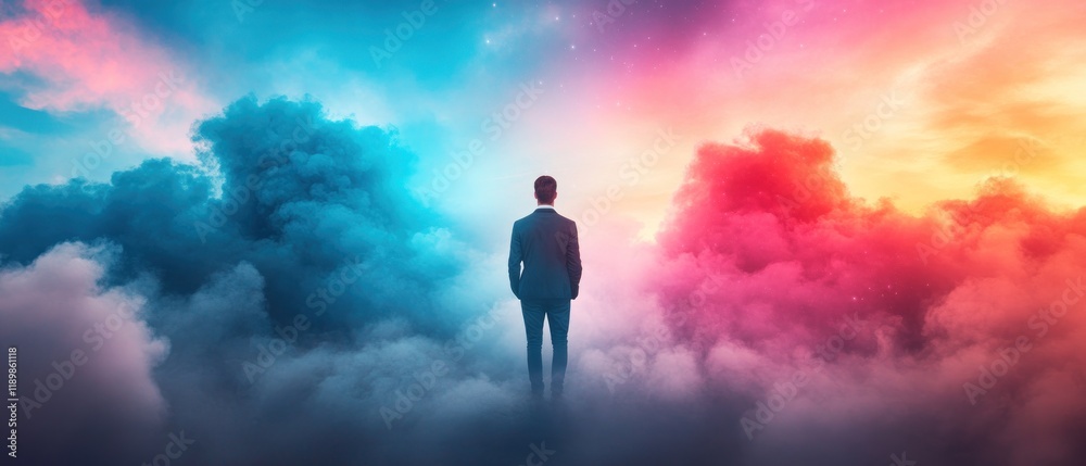 Businessman standing amidst clouds dreamscape digital surreal environment thoughtful viewpoint inspiration concept Businessman standing amidst clouds dreamscape digital surreal environment thoughtful viewpoint inspiration concept