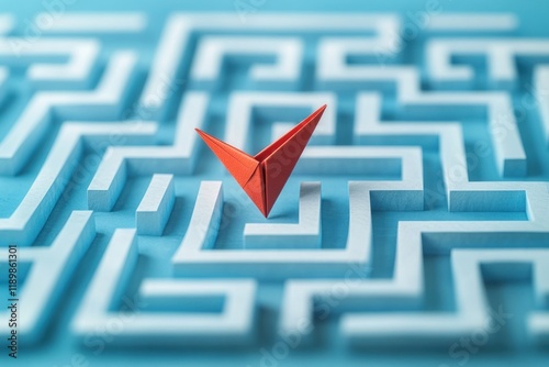 Red Paper Plane Navigating White Maze on Blue Background Overcoming Barriers and Challenges