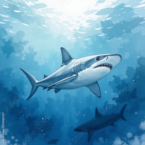 Wallpaper Mural Majestic Great White Shark Underwater Ocean Wildlife Marine Life Illustration Torontodigital.ca
