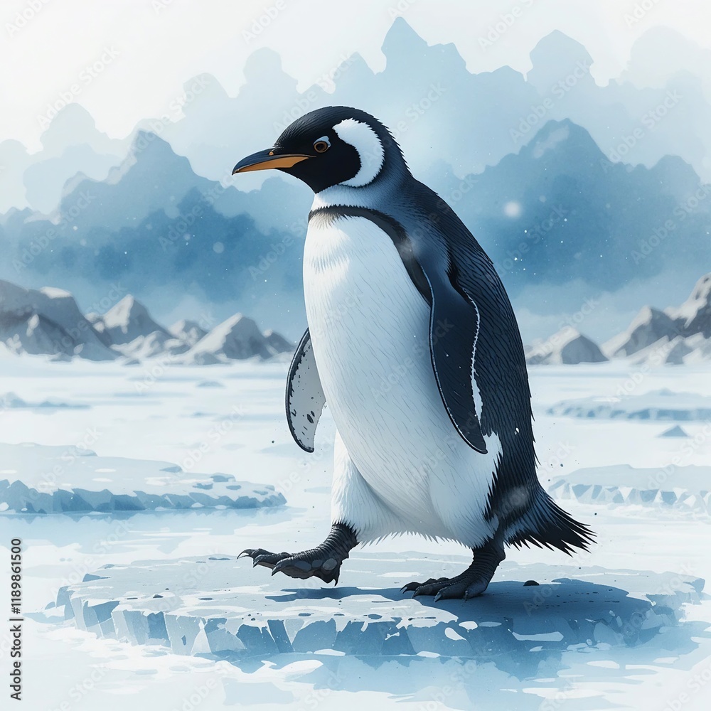 Obraz premium Majestic Emperor Penguin Walking on Antarctic Ice Winter Landscape
