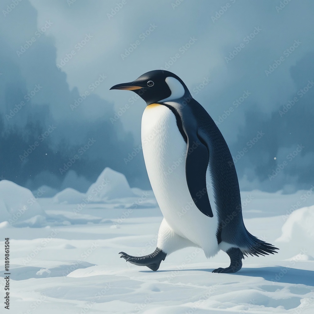 Fototapeta premium Majestic Emperor Penguin Walking on Antarctic Ice Winter Wildlife Scene