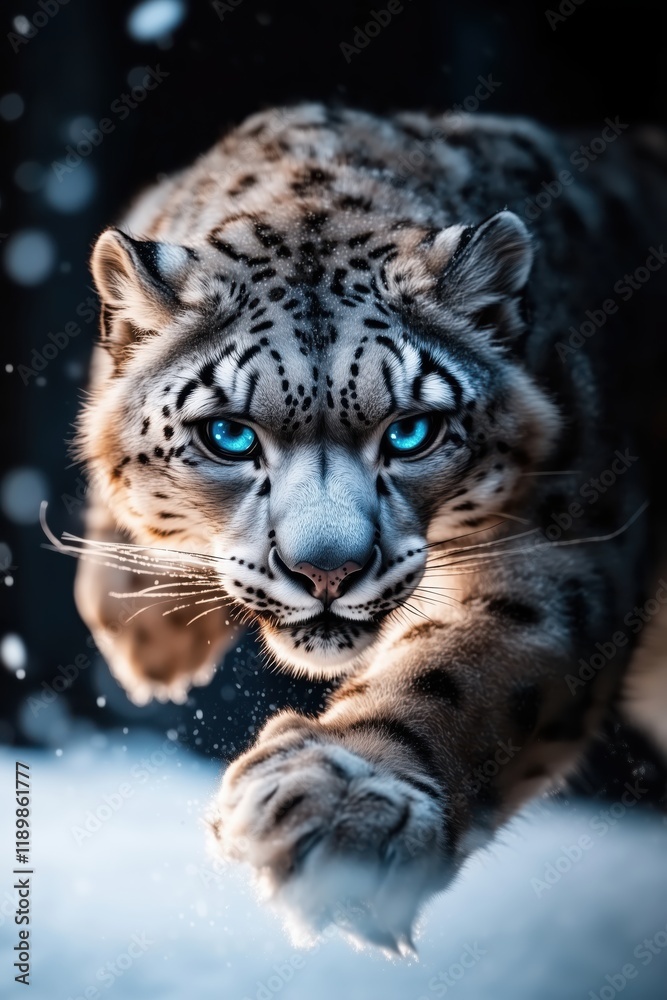 Obraz premium Close-up of a Snow Leopard with piercing blue eyes, jumping through the snow in a wintery forest, showcasing its muscular build and wild beauty