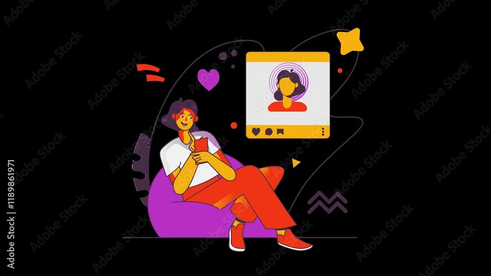 A young European person enjoying social media on a phone while sitting comfortably in a vibrant, animated background. A young European person enjoying social media on a phone while sitting comfortably in a vibrant, animated background.