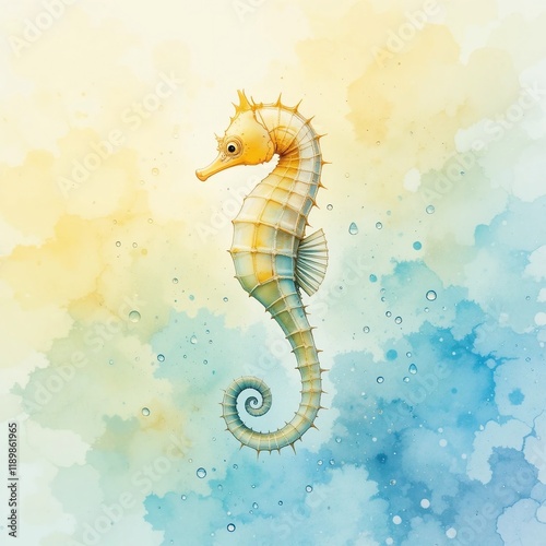 Elegant Yellow Seahorse Watercolor Painting Ocean Wildlife Art Marine Animal Illustration photo