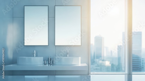 Sleek modern bathroom featuring two mirrors and sinks with a minimalistic design, complemented by large windows revealing a cityscape.