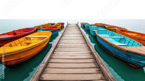 Wallpaper Mural A long wooden pier leading into a lake with deep emerald water, surrounded by boats painted in bold orange, indigo Torontodigital.ca