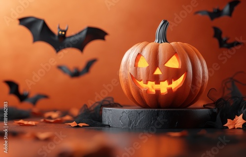 Halloween Pumpkin Display with Flying Bats on 3D Pedestal in Orange Background photo