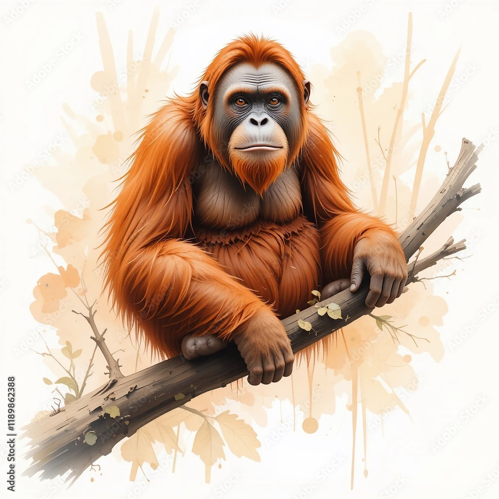 Obraz premium Majestic Bornean Orangutan Sitting on Branch Vivid Orange Fur Wildlife Portrait