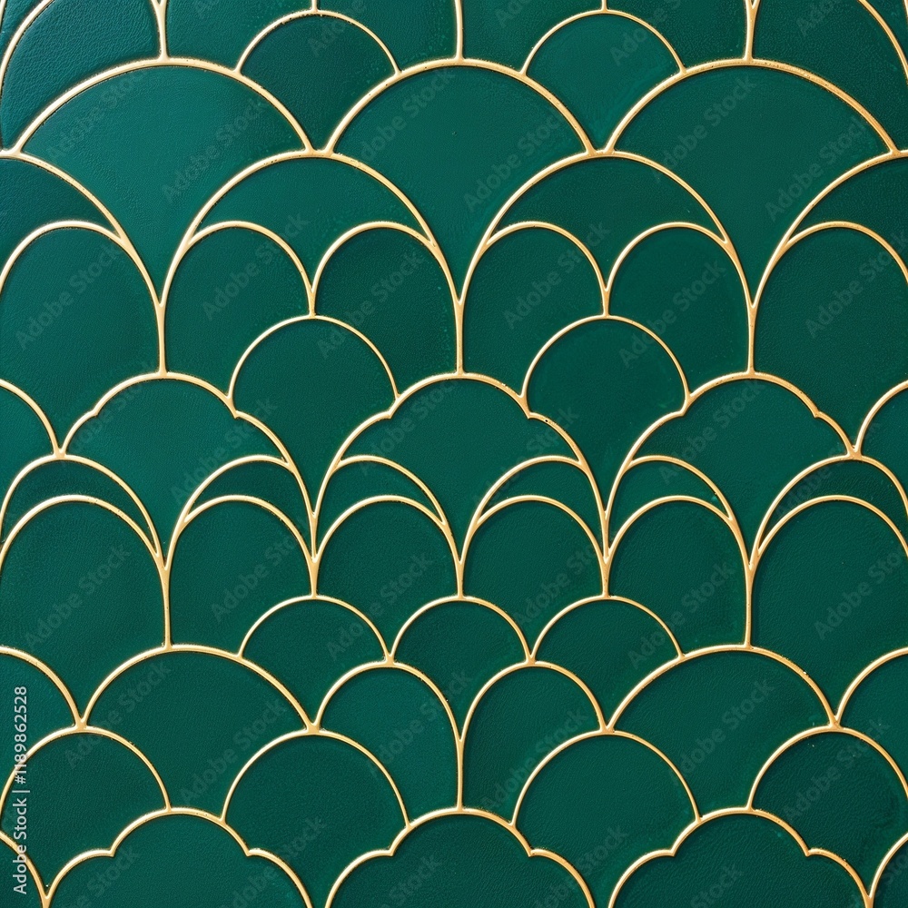 Art Deco seamless pattern of overlapping teal semi-circles, each outlined in white, with a subtle mosaic texture. Direct harsh shadows, earthy and cozy tones. Art Deco seamless pattern of overlapping teal semi-circles, each outlined in white, with a subtle mosaic texture. Direct harsh shadows, earthy and cozy tones.