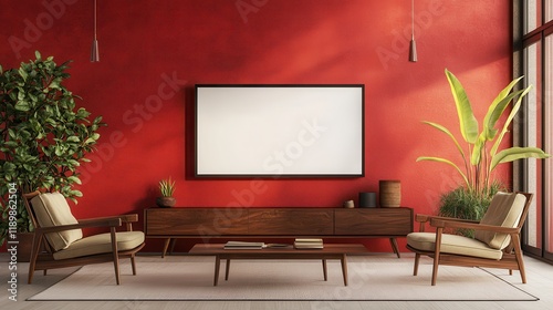 Sleek modern living room featuring a blank TV screen and stylish wooden furniture against a vibrant red wall. The design highlights a contemporary home interior with a bold color scheme. photo