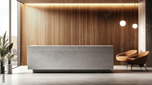 Sleek reception area featuring a concrete desk and a wooden panel wall, designed with a minimalist approach and a light background, ideal for corporate or hospitality settings.