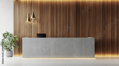 Sleek reception area featuring a concrete desk and a wooden panel wall, designed with a minimalist approach and a light background, ideal for corporate or hospitality settings. photo