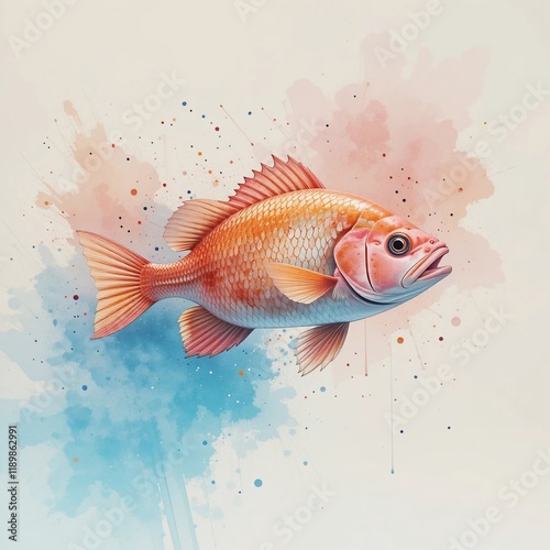 Vivid Watercolor Painting of a Red Snapper Fish Against a Pastel Background