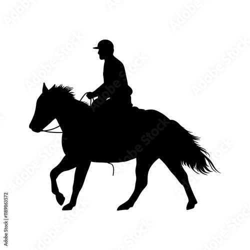 Silhouette of a rider on a dressage horse. Equestrian sport icon. Jockey riding a stallion. Vector illustration isolated on a white background