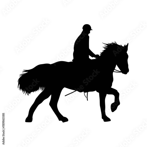 Silhouette of a rider on a dressage horse. Equestrian sport icon. Jockey riding a stallion. Vector illustration isolated on a white background