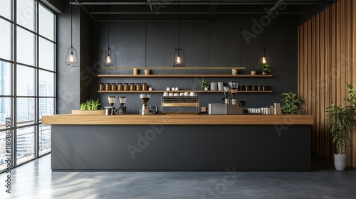 Fototapeta Naklejka Na Ścianę i Meble -  Stylish cafeteria interior featuring a sleek bar counter and organized shelf, complemented by a panoramic window that enhances the space with natural light and views.