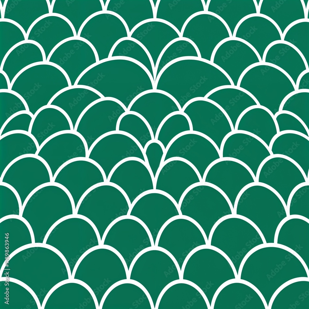 Art Deco seamless pattern of overlapping teal semi-circles, each outlined in white, with a subtle mosaic texture. Direct harsh shadows, earthy and cozy tones. Art Deco seamless pattern of overlapping teal semi-circles, each outlined in white, with a subtle mosaic texture. Direct harsh shadows, earthy and cozy tones.