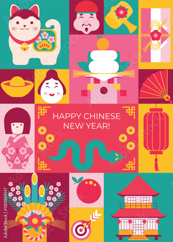 Festive bright geometric background of chinese new year in Japan with traditional japanese decorations, talismans, toys, food, house. Postcard, poster, flyer, cover