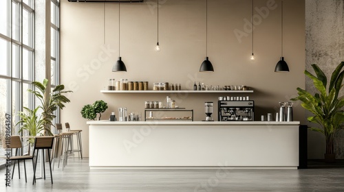 The beige cafeteria interior features a bar counter and cooking cabinet, creating a warm and inviting atmosphere. The mockup wall provides a versatile space for customization or branding. photo