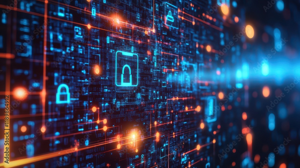 The image depicts a hacker attack scenario with a cybersecurity hologram and lock icons, highlighting the critical need for advanced security measures and vigilance in protecting digital systems. The image depicts a hacker attack scenario with a cybersecurity hologram and lock icons, highlighting the critical need for advanced security measures and vigilance in protecting digital systems.