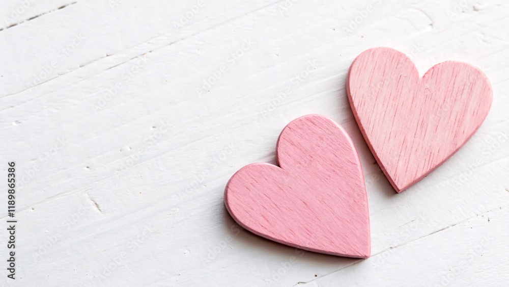 Fototapeta premium Two pink wooden hearts on a white background, a minimalist concept with copy space for a Valentine's Day card design