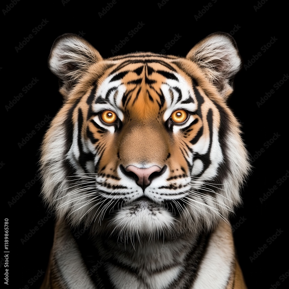 Fototapeta premium Close-up of a majestic tiger with piercing golden eyes, set against a dark background highlighting the tiger's striking fur and facial features