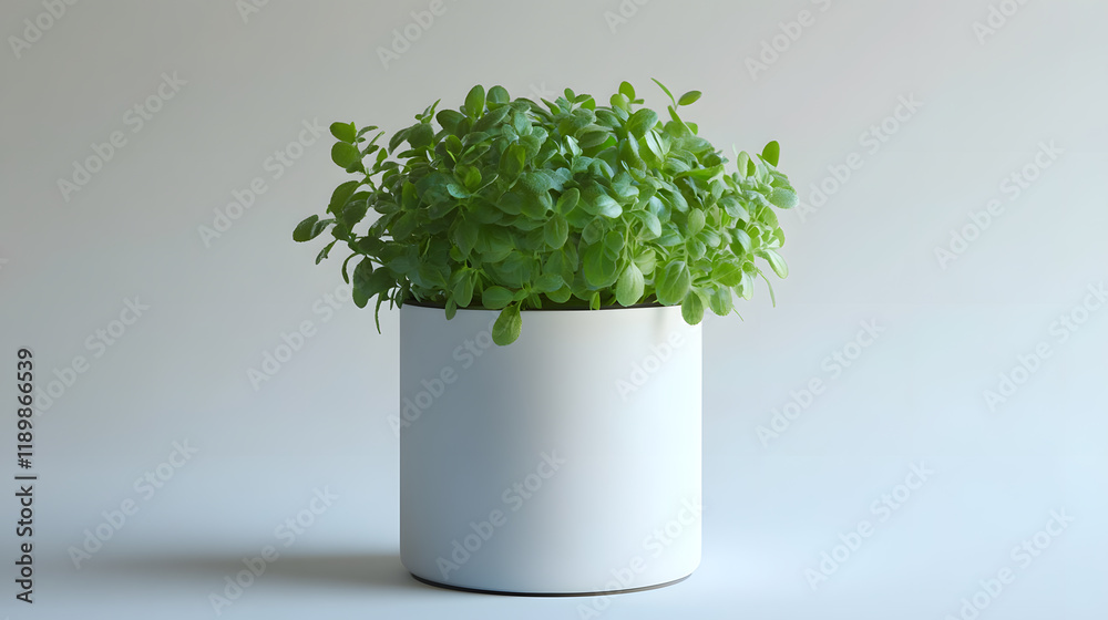 A lush green plant, possibly basil, thrives in a simple, cylindrical white pot against a minimalist light grey backdrop. The image evokes feelings of freshness and serenity. A lush green plant, possibly basil, thrives in a simple, cylindrical white pot against a minimalist light grey backdrop. The image evokes feelings of freshness and serenity.