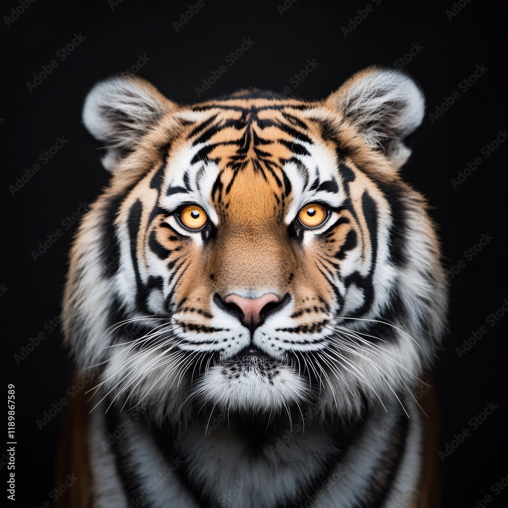 Fototapeta premium Close-up portrait of a majestic adult tiger with a calm and powerful expression, isolated on black background
