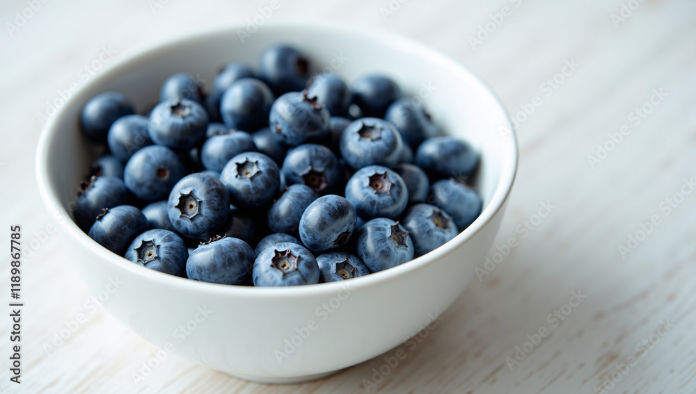 Close-up and bright view of blueberries in a white bowl - Generative AI Close-up and bright view of blueberries in a white bowl - Generative AI