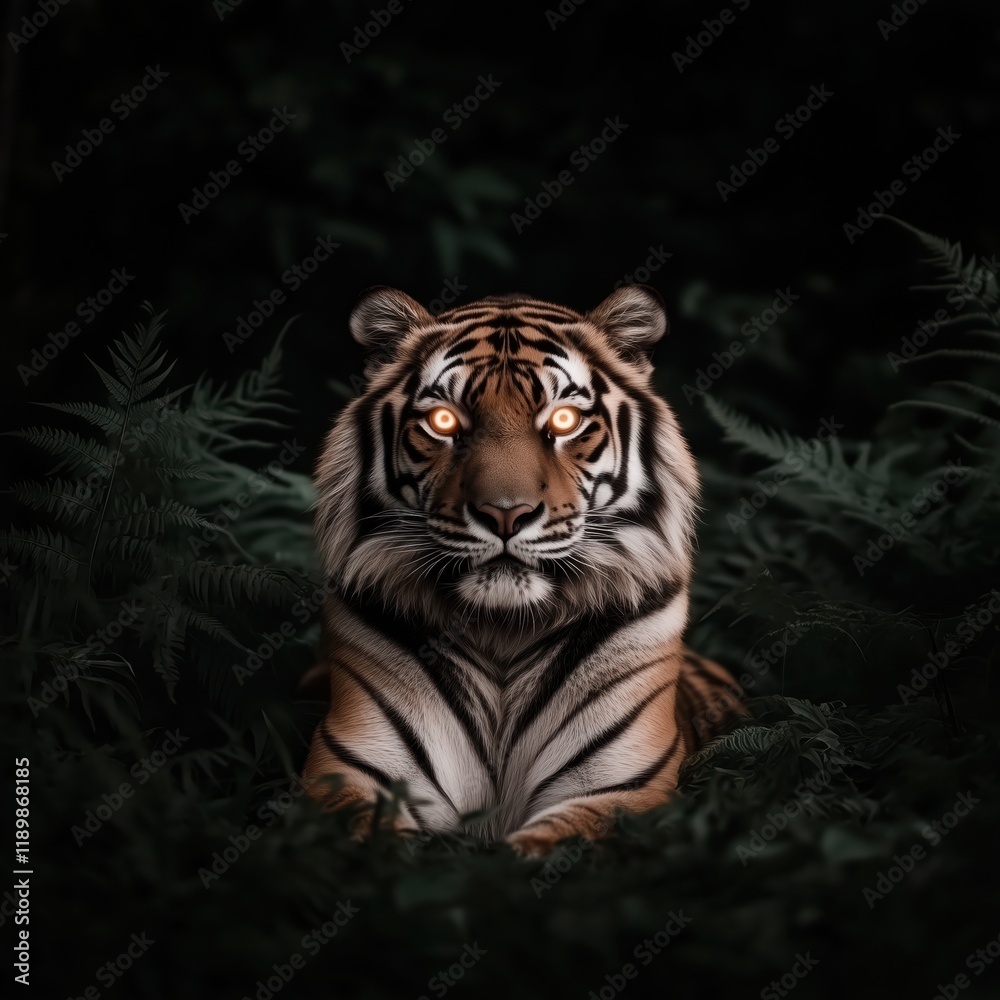 A majestic tiger hiding in the jungle, with its intense golden eyes peeking through lush green foliage at night
