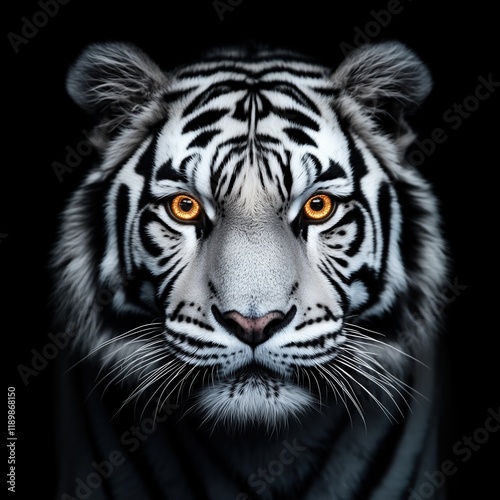 Close-up image of a white tiger with glowing yellow eyes, exhibiting a fierce yet beautiful expression, showcasing its distinctive stripes