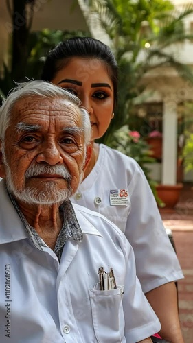 Elderly man receives care and companionship at a health facility during a sunny afternoon