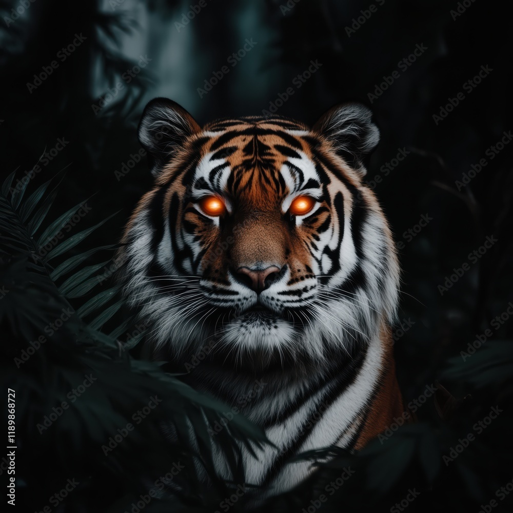A tiger with glowing red eyes in a jungle setting, exuding a powerful and intimidating presence, surrounded by foliage and darkness A tiger with glowing red eyes in a jungle setting, exuding a powerful and intimidating presence, surrounded by foliage and darkness