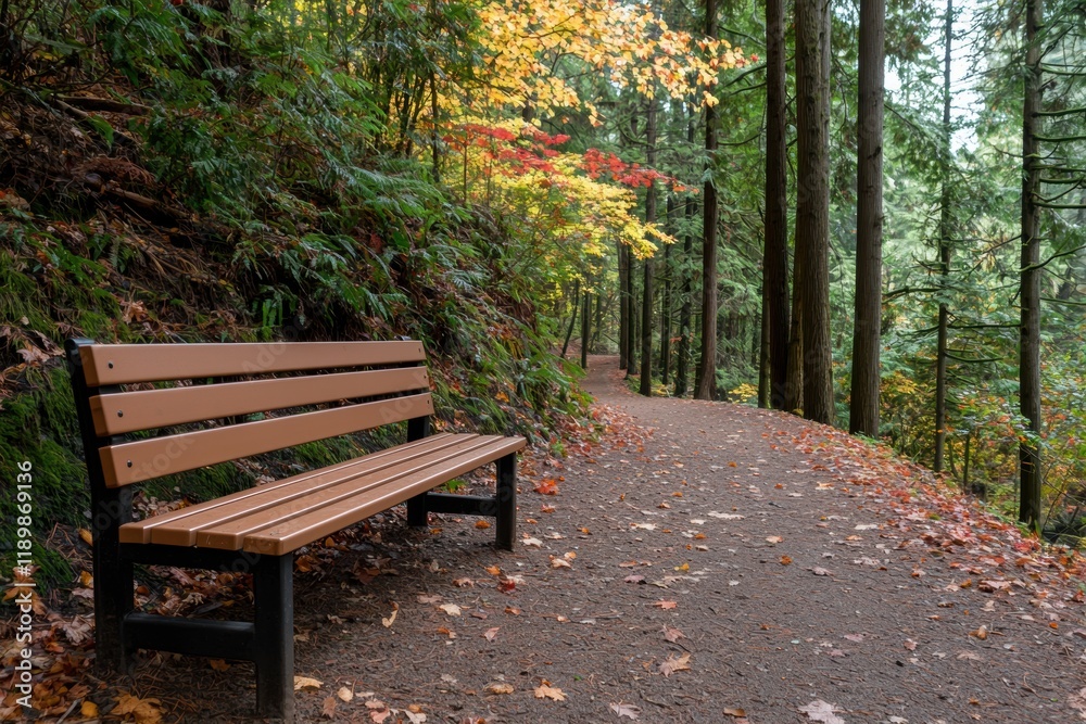 Tranquil Autumn Park Pathway with Empty Bench Surrounded by Trees Tranquil Autumn Park Pathway with Empty Bench Surrounded by Trees