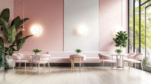 The modern cafe features a minimalist design with pink and white walls, a wooden floor, and stylish furniture, creating a cozy and contemporary atmosphere. This 3D rendering showcases the concept of a photo