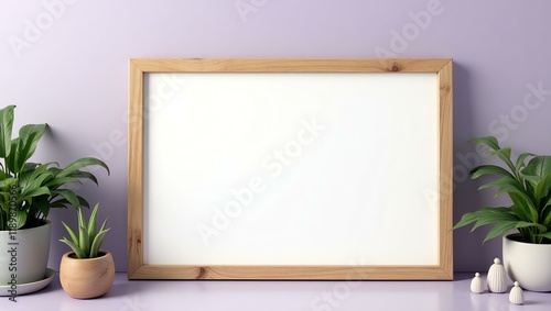 A clean soft lavender background offers a blank wooden signage board with ample space for text