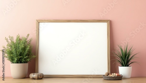 A clean soft pink background offers a blank wooden signage board with ample space for text