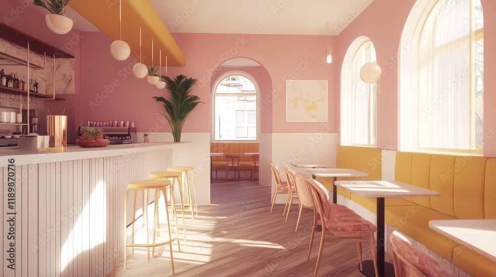 Obraz premium The modern cafe features a minimalist design with pink and white walls, a wooden floor, and stylish furniture, creating a cozy and contemporary atmosphere. This 3D rendering showcases the concept of a