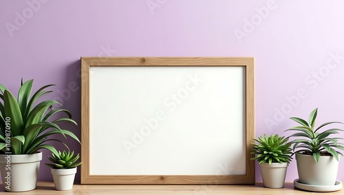 A clean lavender background offers a blank wooden signage board with ample space for text