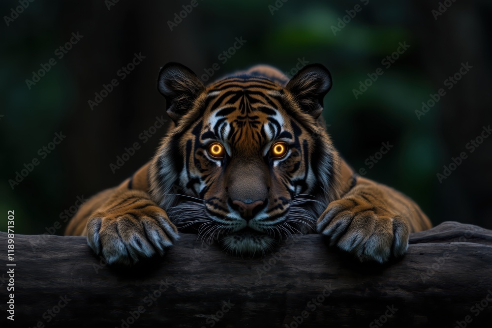 Fototapeta premium Realistic image of a young tiger with glowing eyes, perched on a tree branch, looking intensely at the viewer with a menacing and alert posture