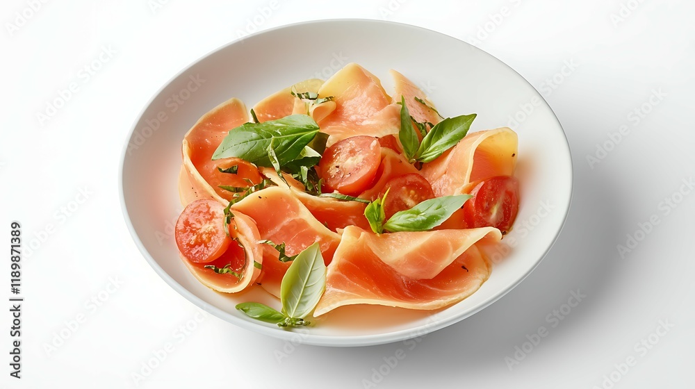 Salad of tomatoes with cheese and parsley on a white background