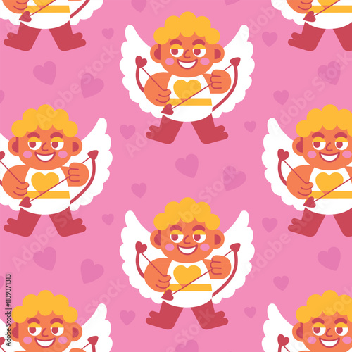 Seamless pattern of Cupids with bows and hearts on a pink background. Valentine's Day cartoon design for cards, banners, and posters