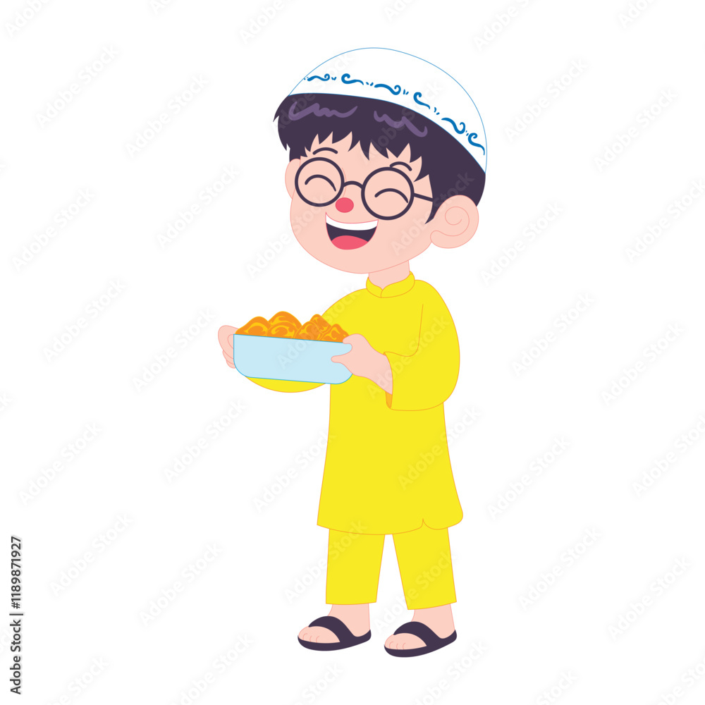 Happy Muslim boy in traditional attire, joyfully carrying food, celebrating Ramadan with cheer. Happy Muslim boy in traditional attire, joyfully carrying food, celebrating Ramadan with cheer.