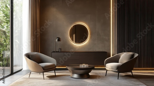 The stylish home interior showcases elegant armchairs and a sleek drawer positioned near a window, creating a sophisticated and inviting space. The mockup frame on the wall allows for personalized dec photo
