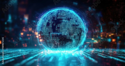 Wallpaper Mural Futuristic Digital Globe with Binary Code and Neon Lights in a Technology Landscape Torontodigital.ca
